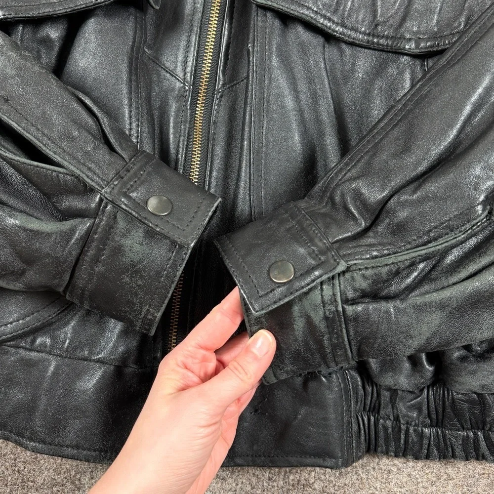 Vintage 90s Black Genuine Leather Distressed Full Zip Bomber Jacket Mens Size XL